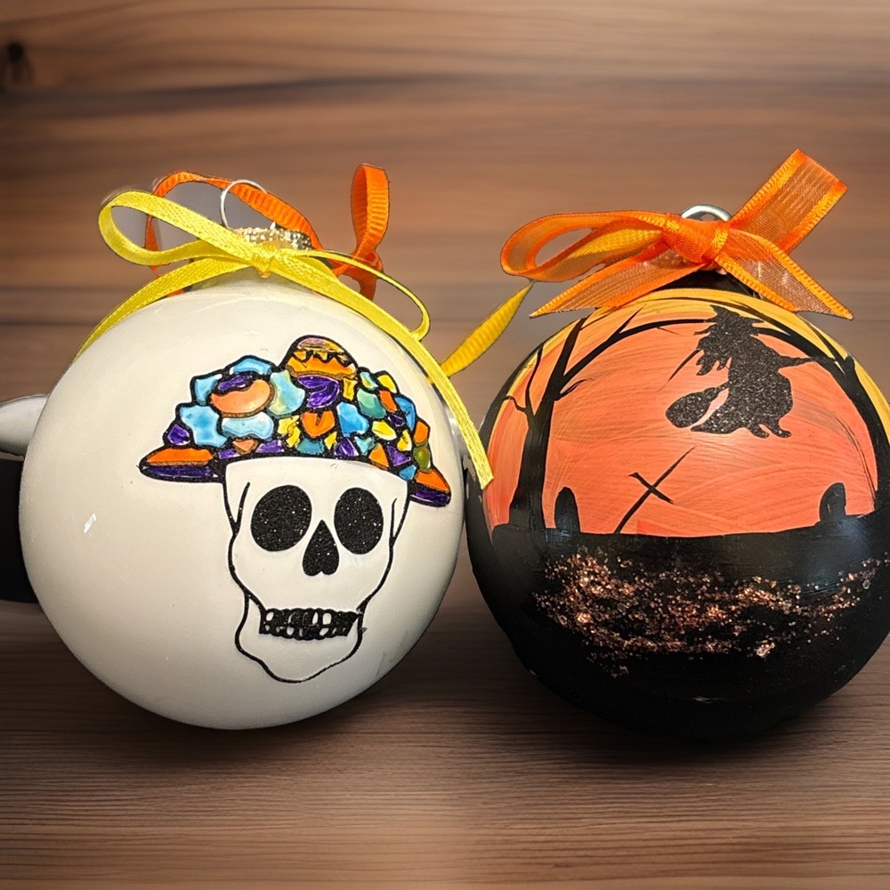2 Hand Painted Halloween & Day of the Dead Ball Ornaments Artist Signed
